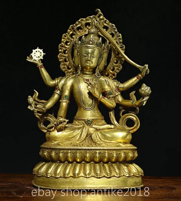 9.2" Rare Old Chinese Copper Gild Buddhism 3 head 6 arm Buddha sculpture