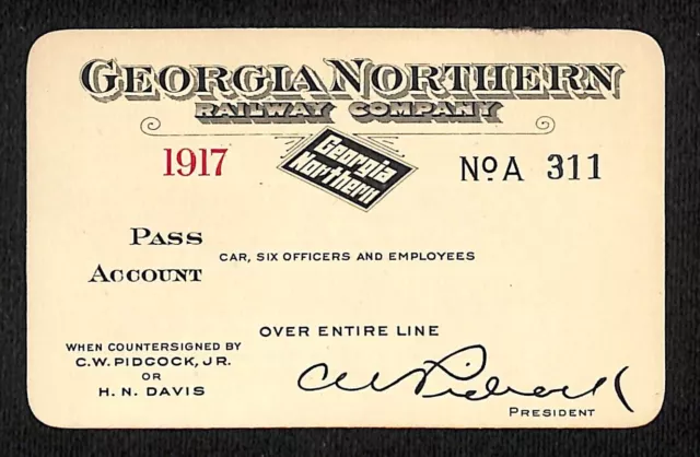 Georgia Northern Railway Co. GNRR Unused 1917 Yearly Railroad Pass NOS VGC
