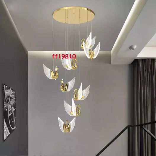 Creative Swan Hanging Light Acrylic Gold / Rose Gold Chandelier Stairs Pendant
