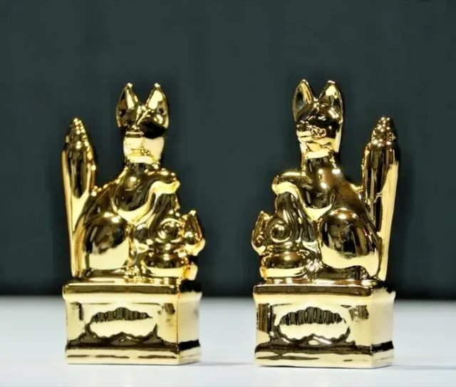 Japanese OINARISAN Talisman Gold Fox Set of 2 Household shrine Fortune h3.9"