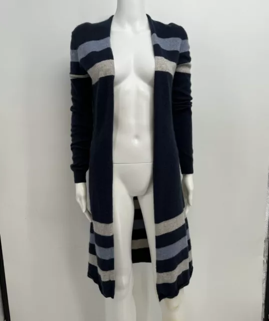 Minnie Rose Womens Striped Open Front Cashmere Sweater Cardigan Size S Blue