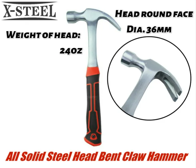 24OZ Bent Claw Hammer One-Piece All Solid Steel Head & Handle Resist-Shock