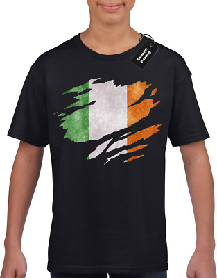 Ireland Flag Slash Kids Childrens T-Shirt Top Irish Football Rugby Fan (Col)