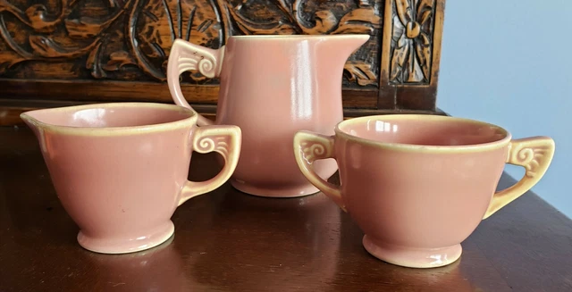 Wells Art Glazes Homer Laughlin 1930s Vintage Rose Pitcher Sugar Creamer Set