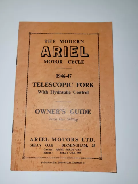 Ariel Motorcycle Owners Guide Telescopic Fork  1946-47