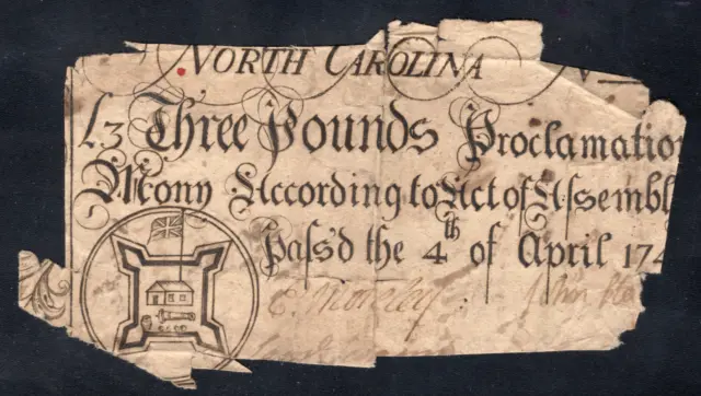 North Carolina Colonial Note Fr#NC-70 April 4, 1748 3 Pounds *Fort & Union Jack*