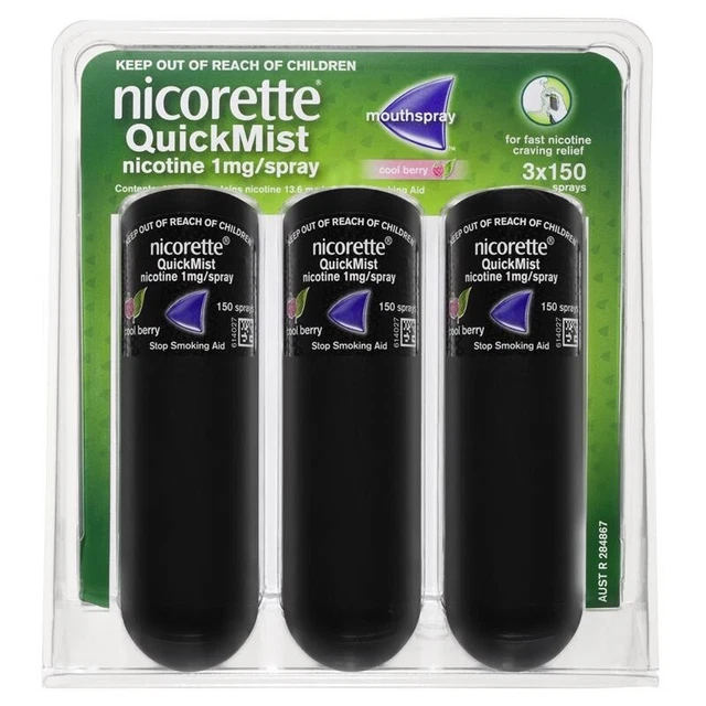 Nicorette Quit Smoking Quick Mist Nicotine Mouth Spray Cool Berry - 3 x 150 Pack