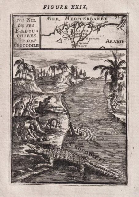 Nile Nil river Fluss crocodile Krokodil Egypt Ägypten Mallet Kupferstich 1685