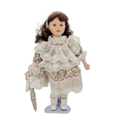 Brunette Porcelain Doll Lace Floral Dress Umbrella On Stand 16"
