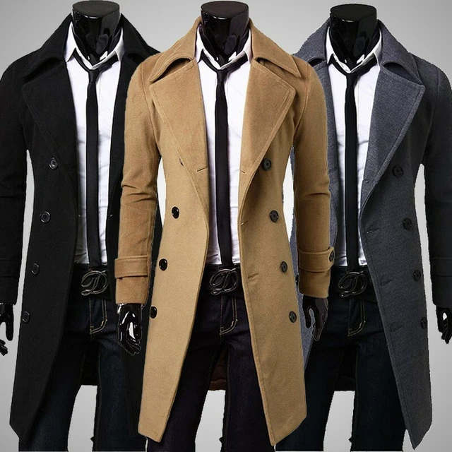 MenS Double Breasted Wool Trench Coat Long Jacket Outwear Overcoat Winter Lapel
