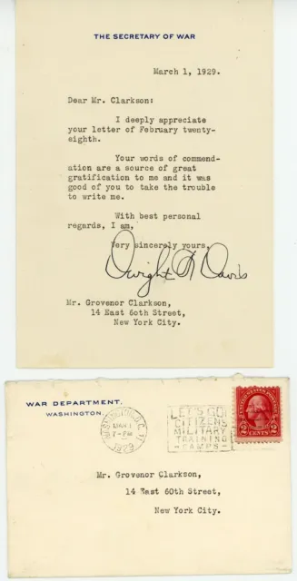TL Signed Dwight F. Davis Tennis Davis Cup Navy Sec't Philippines Governor 1929