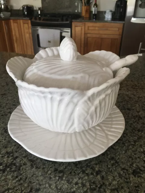 Vintage White Cabbage Leaf Soup Tureen Serving Set Majolica Pottery Portugal 4pc