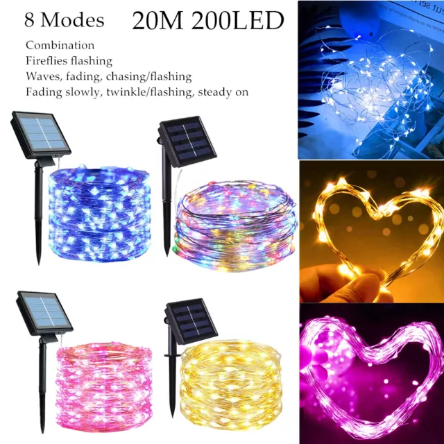 2 Stück 200 LED Kupferdraht Solar Lichterkette Innen Party Garten Deko 8 Modus