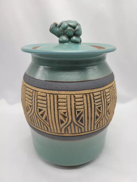 Large Blaisdell Pottery Jar With Turtle Top Lid Turquoise Blue Glaze Canister