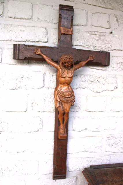 Antique large french wood carved wall crucifix religious