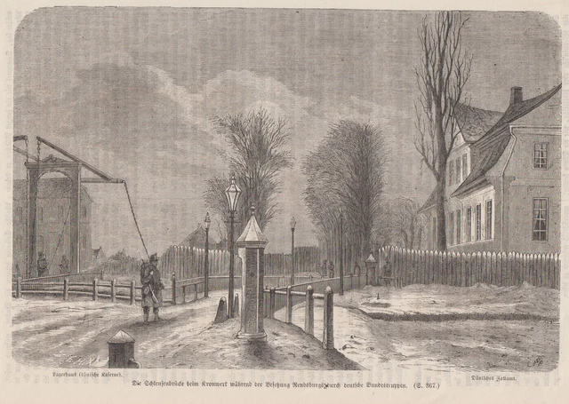 Rendsburg Schleusenbrücke Original Grabado en Madera 1865