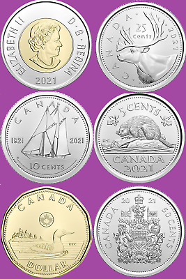 Complete Set of 6 2021 Canada Coins.$2, $1, 50c 25c, 10c, 5c Mint UNC Toon, Loon