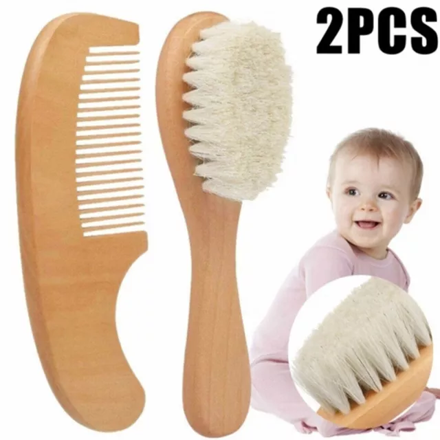 2 Pcs Baby Hair Brush and Comb Set Natural Soft Wool Bristle Toddler Hair BisqT