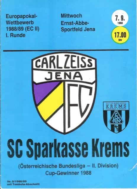 DDR Carl Zeiss Jena 1988/89 v SC Sparkasse Krems ECWC match programme (2)