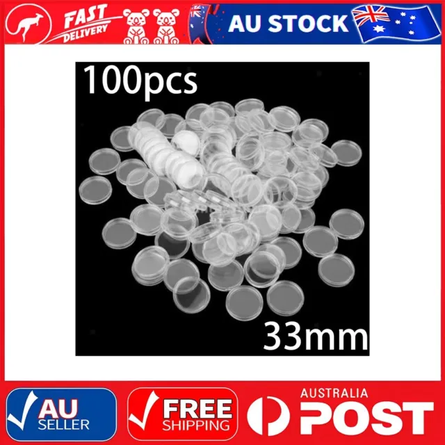 100Pcs 33mm Clear Round Plastic Coin Holders Capsules Container Storage Case Box