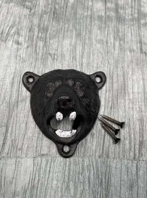 Brown Bear Head Beer Bottle Opener Cast Iron Wall Mounted Cabin Lodge Bar Decor
