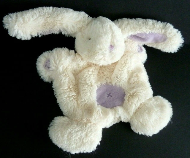L*. DOUDOU PLAT BABY NAT LAPIN CALINS BLANC MAUVE CROIX ROND 18cm+oreill TTBE*