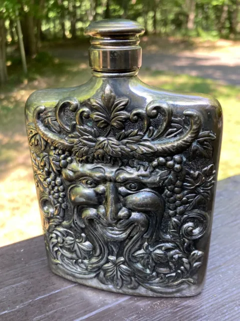 Vintage Godinger Silverplate Bacchus Ornate Metal Flask Greek God 1980s Barware