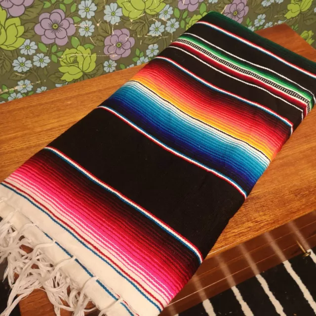 Black bright Rainbow Mexican Serape Woven Stripy Falsa Blanket / Throw