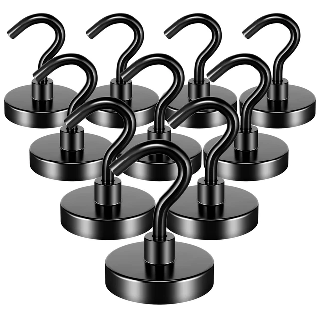 10 Pack Black Magnetic Hooks Heavy Duty, 50LBS Neodymium Magnet Hook ...