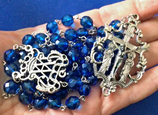 Marian Rosary Two Mary’s CZECH Glass Sapphire Crystal Handmade 8mm