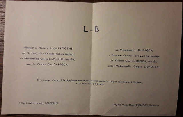 1946 Guy de BROCA & Colette LAMOTHE wedding announcement - Bordeaux Mont-de-Marsan