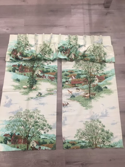 Mid Century Vtg Pastoral Provincial Scene 2 Curtain Panels & Valance Blue Green