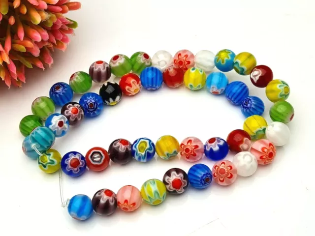 1 Strang 36 cm bunte Millefiori Chevron Glas Perlen rund Kugel lampwork  8 mm