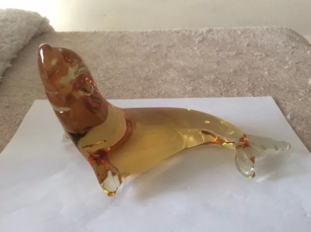 A Very Nice Vintage Murano Blown Art Glass Amber Seal Figurine / Paperweight