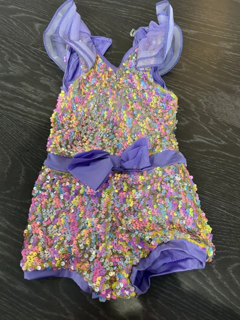 Weissman Girls Rainbow Sequins Purple Ruffle Dance Costume, Size 6/6X, Worn Once