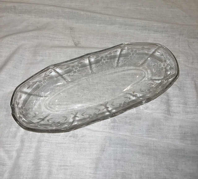 Vintage Etched Clear Glass Condiment Relish Candy Oval Dish Rose and Leaf Design