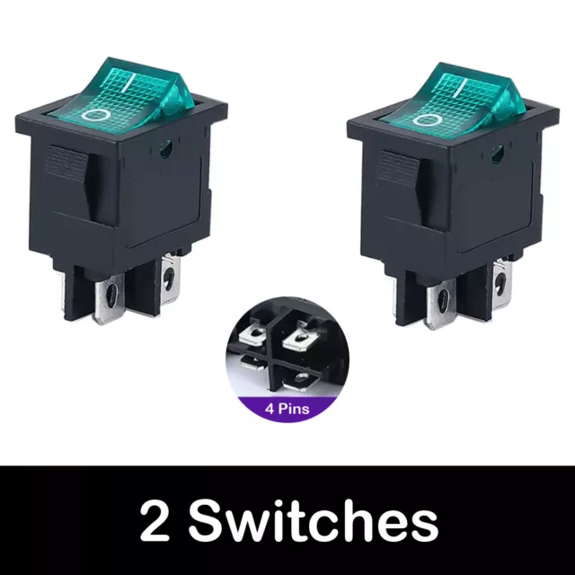 2Pcs KCD1 6A 4 Pins 2 Positions Black Body With Green Light Rocker Switches