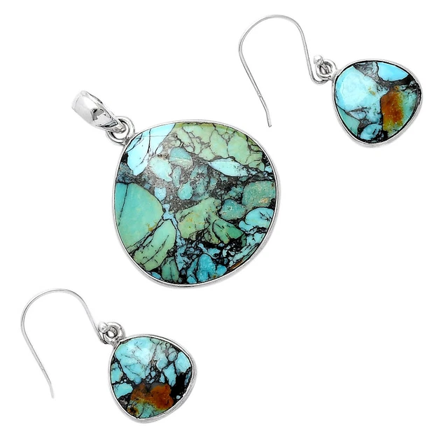 Lucky Charm Tibetan Turquoise 925 Silver Pendant Earrings Jewelry Set T-1001