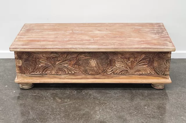 Hand Carved Shabby Chic Timber Chest Vintage Boho Blanket Box Coffee Table