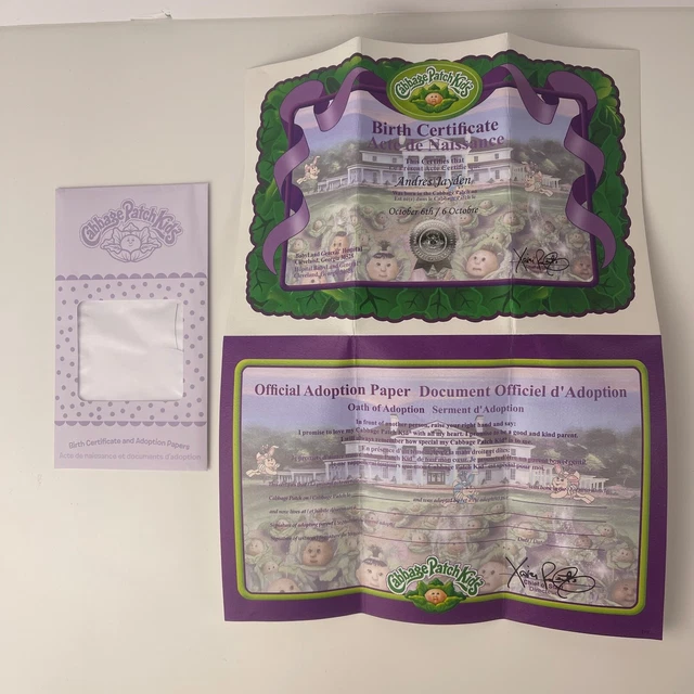 CABBAGE PATCH KIDS Birth Certificate and Adoption Papers Andres Jayden ...