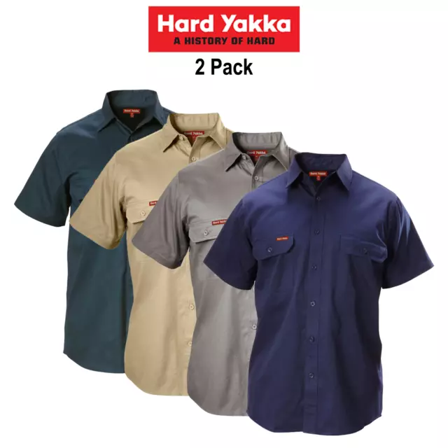 Mens Hard Yakka Cotton Drill Work Shirt 2PK Button Short Sleeve Workwear Y07510