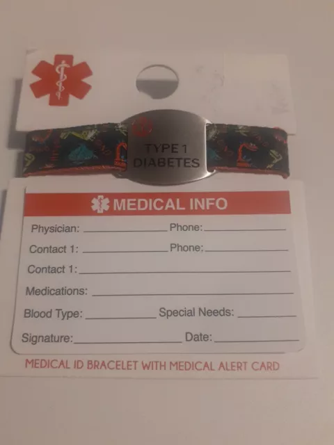 ⭐Pulsera de alerta médica ajustable con diabetes tipo 1 para niños dinosaurios azules A1