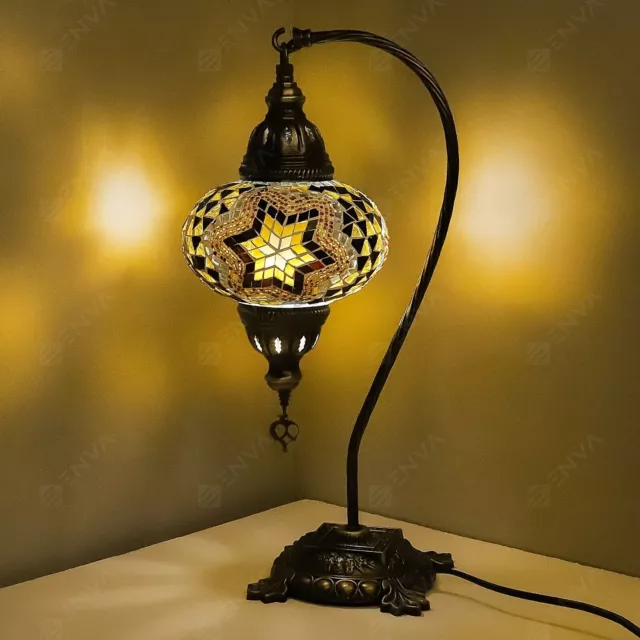 Lampada tavolo a collo di cigno a mosaico Tiffany fatta a mano turca marocchina