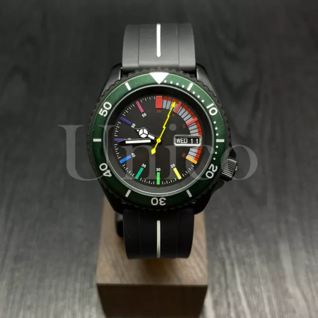 Custom Made Mods Watch SKX Style NH36 Auto Movement Green C Rainbow Hours BLK/WT