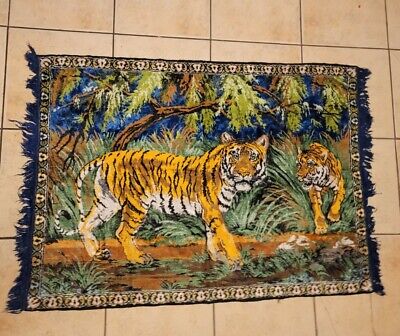 Vintage Bangle Tiger Rug Wall Hanging Tapestry 57in by 37in Jungle Fringe hg9