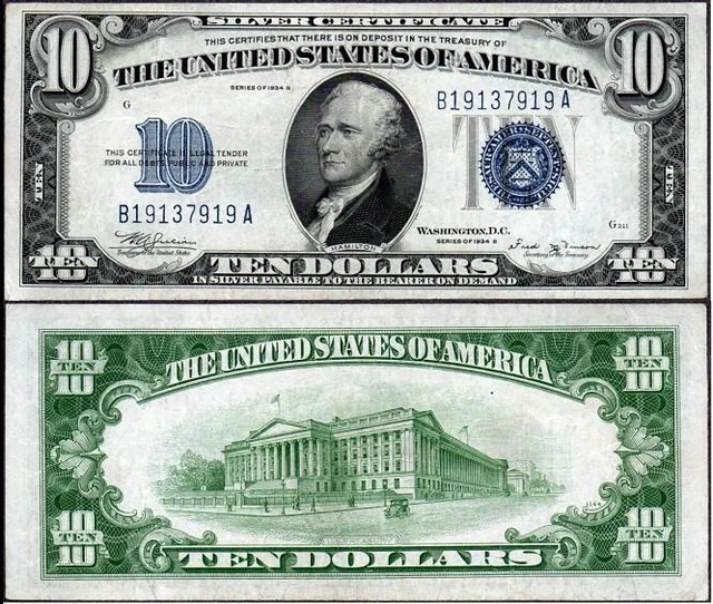 $10 1934B *Key B Series* Au+ Beautiful Crisp Silver Certificate!