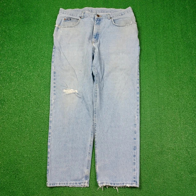 Lee Y2K Jeans Mens 35x29 (38x30 tag) Taper Light Blue Grunge Repairs Ripped Hobo
