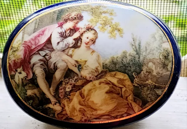 Vintage Limoges Vanity/Trinket Box Cobalt Blue Courting Couple Porcelain