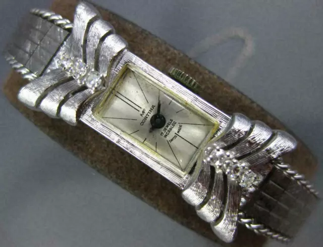 Estate Art Deco Cortina Diamond 14K White Gold 3D Rectangular Swiss Watch #20920