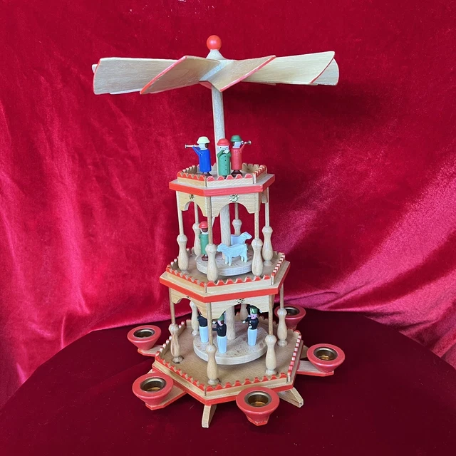 Vintage Erzgebirge Wooden Christmas Pyramid Carousel 3 Tier Candelabrum with Box